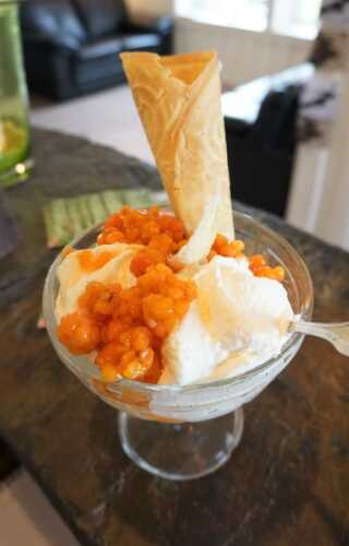 Cloudberries and home made wifer in dessert bowl on table