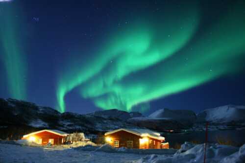 The Northern Lights shines over the family wilderness cabins
